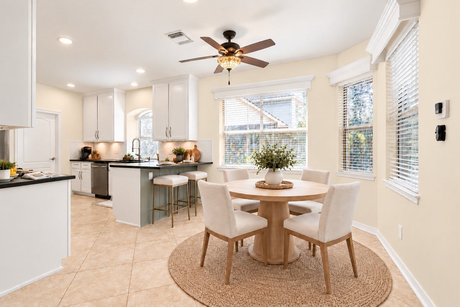 24815 Giltspur Way, Spring, TX 77389 SUNSHINE & MORNING COFFEE, ANYONE? This cheerful 11 x 11 breakfast room is wrapped in windows, filling the space with natural light! Custom wood window valances, beautiful trim, an eye-catching Tiffany-style ceiling fan & easy-care 18x18 tile add charm and practicality. LOVE the contrasting accent color and shiplap detailing beneath the breakfast bar! Just steps from the kitchen and convenient access to your backyard oasis. WHAT A DELIGHTFUL PLACE TO START YOUR DAY!