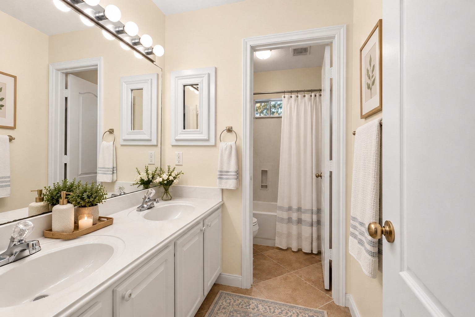 24815 Giltspur Way, Spring, TX 77389 DOUBLE THE SINKS, DOUBLE THE CONVENIENCE! This thoughtfully designed upstairs Hollywood-style bath features a separate dual-sink vanity area, making busy mornings a breeze! An expansive cultured marble countertop provides plenty of elbow room, while generous cabinetry and a medicine cabinet offer practical storage for everyday essentials. Easy-care tile flooring, bright vanity lighting, and a separate tub/shower and toilet area allow multiple people to get ready with added privacy.