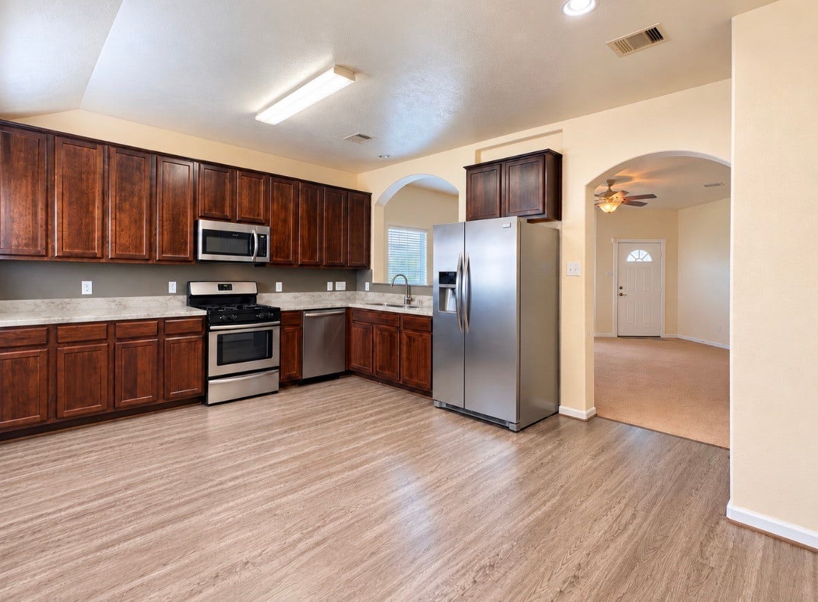 3722 Elderberry Drive, Dickinson, TX 77539 AI-generated preview of proposed quartz countertops & 4-inch backsplash. Actual installation will be similar to the rendering.