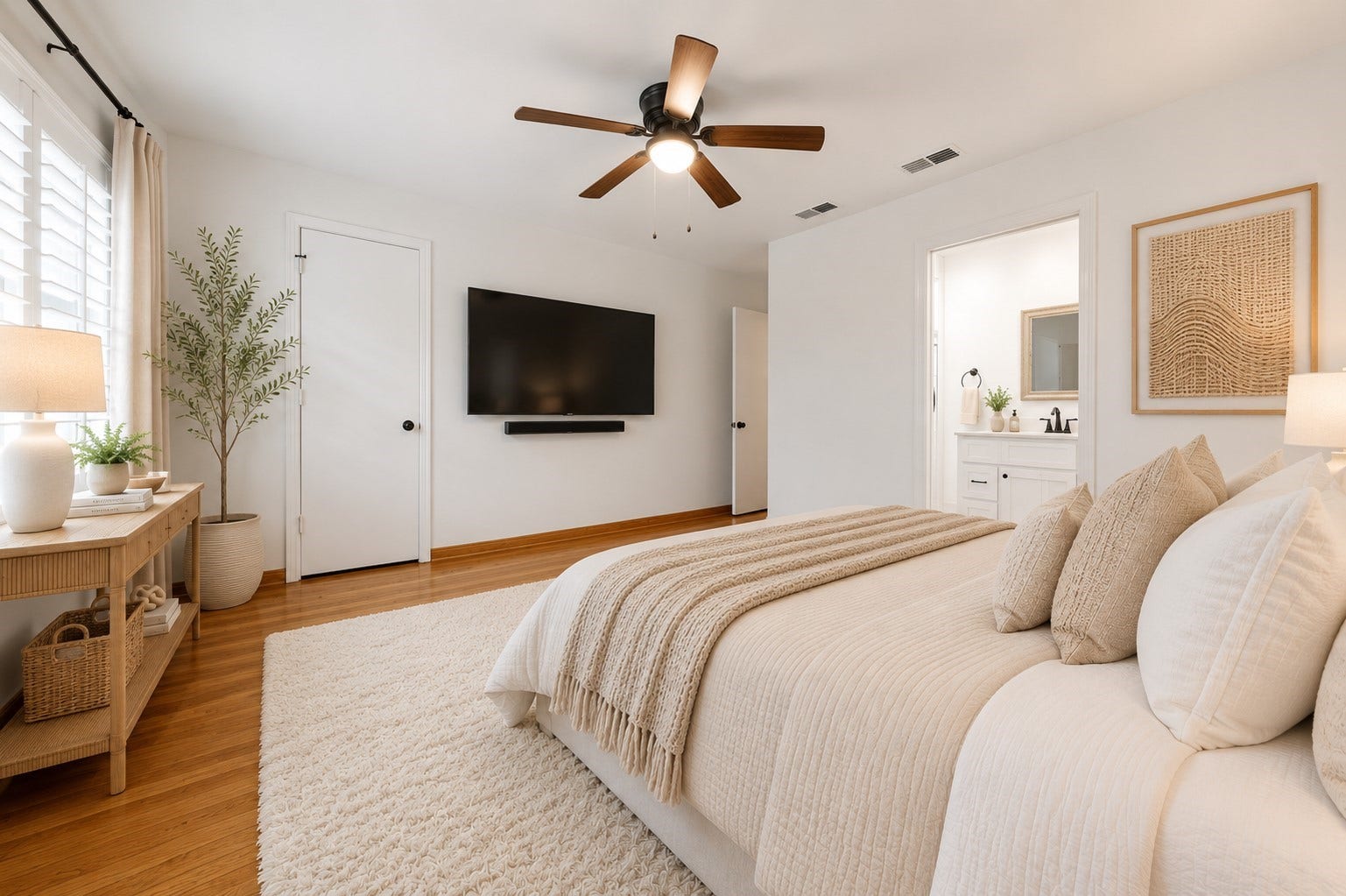 410 Kyle Street, Sugar Land, TX 77478 Primary Suite. Virtual staging shown. Furniture and dcor are for illustrative purposes only.