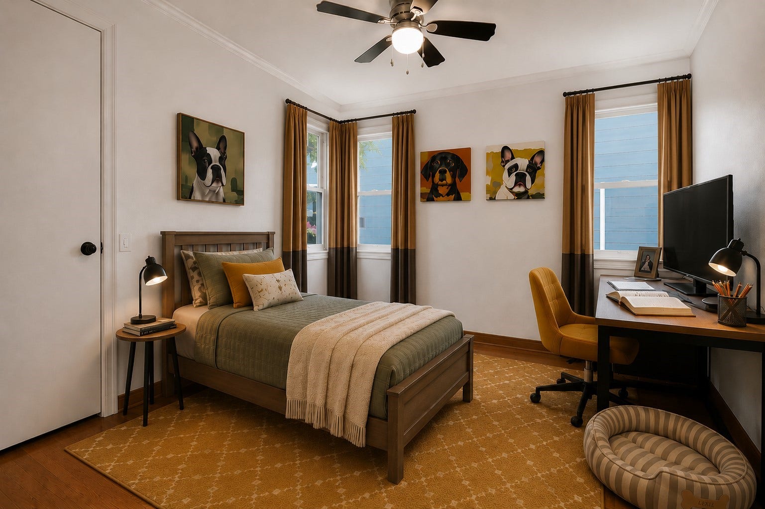 410 Kyle Street, Sugar Land, TX 77478 One vision for Bedroom 3. Virtual staging shown. Furniture and dcor are for illustrative purposes only.