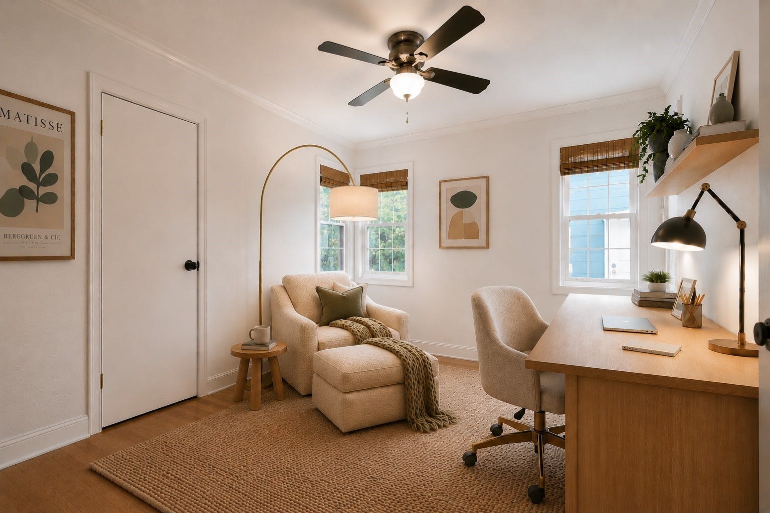 410 Kyle Street, Sugar Land, TX 77478 The same room also makes an ideal home office, highlighting the versatility of Bedroom 3. Virtual staging shown. Furniture and dcor are for illustrative purposes only.