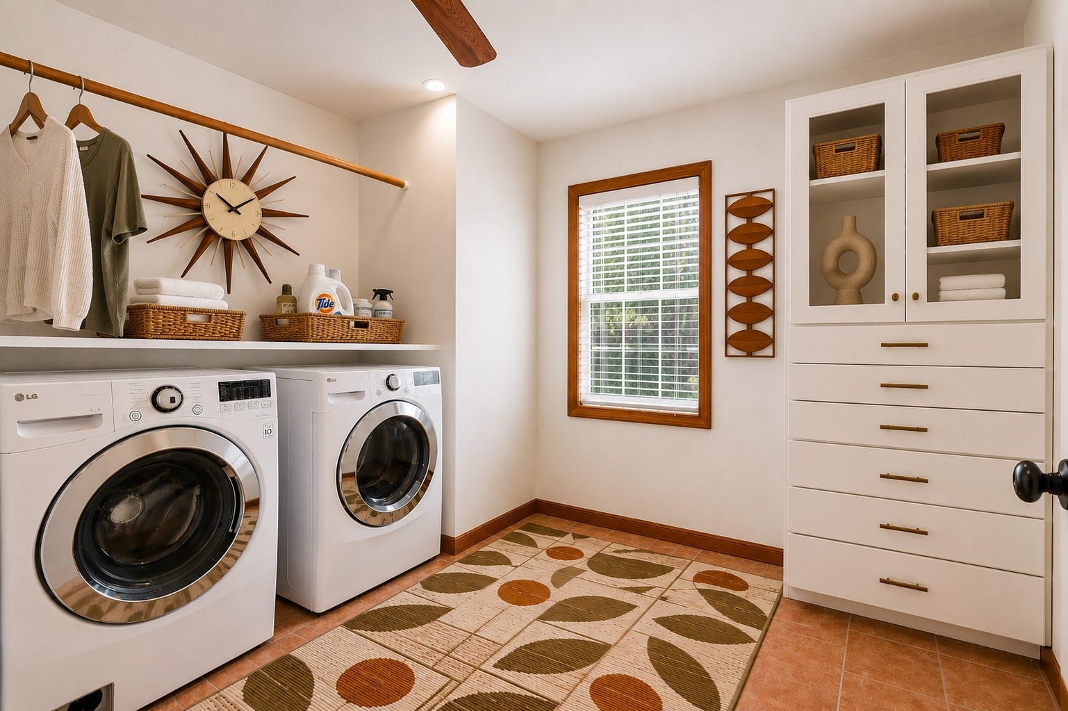 410 Kyle Street, Sugar Land, TX 77478 Laundry Room. Virtual staging shown. Furniture and dcor are for illustrative purposes only. The oversized laundry room offers abundant built-in cabinetry, generous storage, and ample workspace. The LG washer and LG dryer are included with the home.