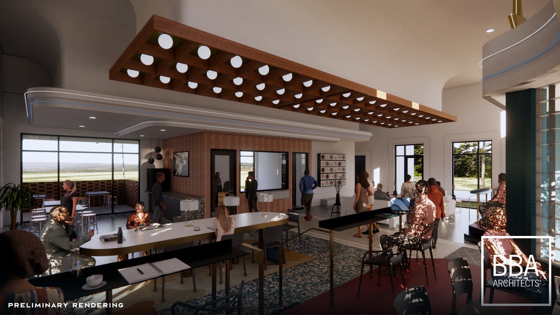W. Blakely Hall is an event space for resident gatherings, featuring reclaimed hardwood floors similar to historic Texas dance halls.