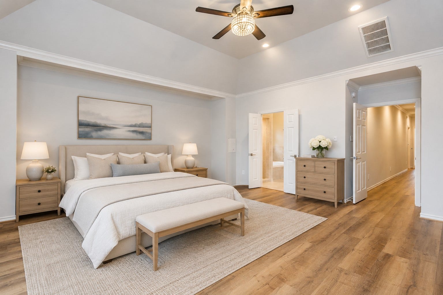 Virtual staging of primary bedroom.