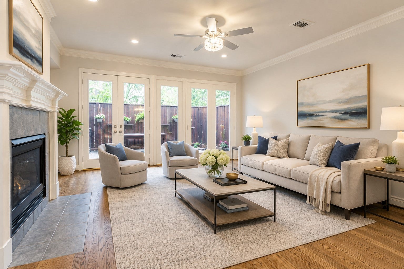 Virtual staging of the living / family room.