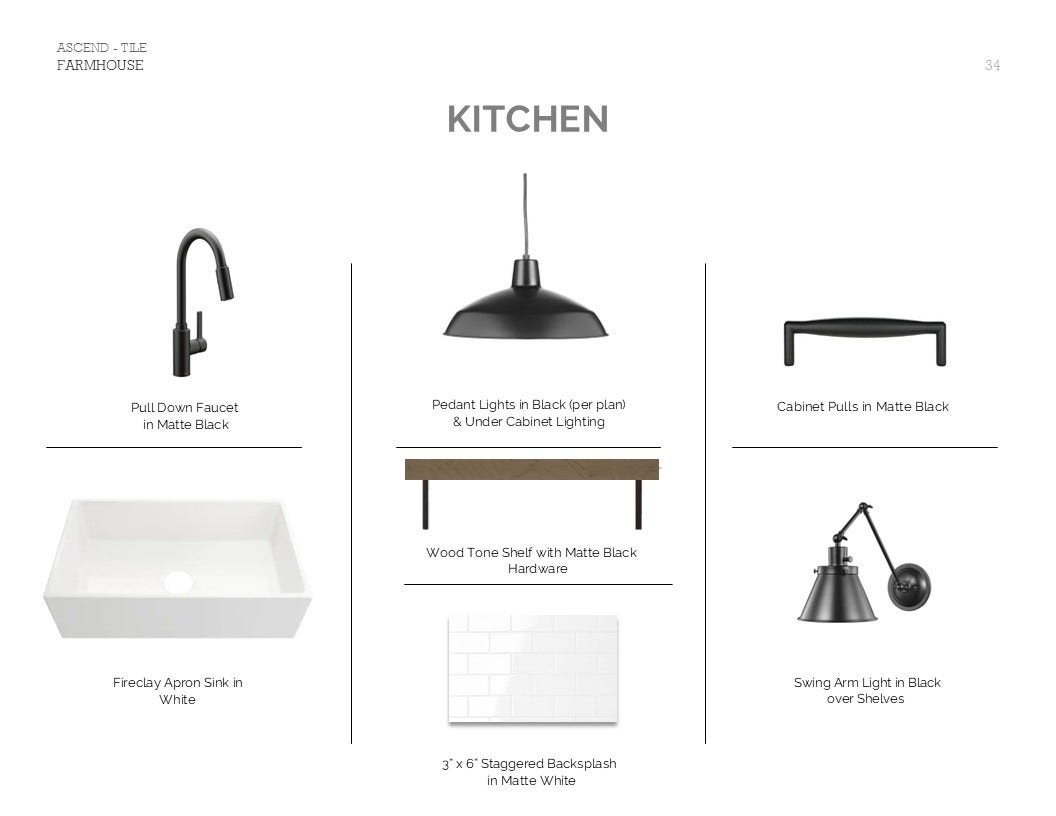 Farmhouse Look Palette 5: Kitchen Selection Sheet (*Artist rendering used for illustration purposes only.)