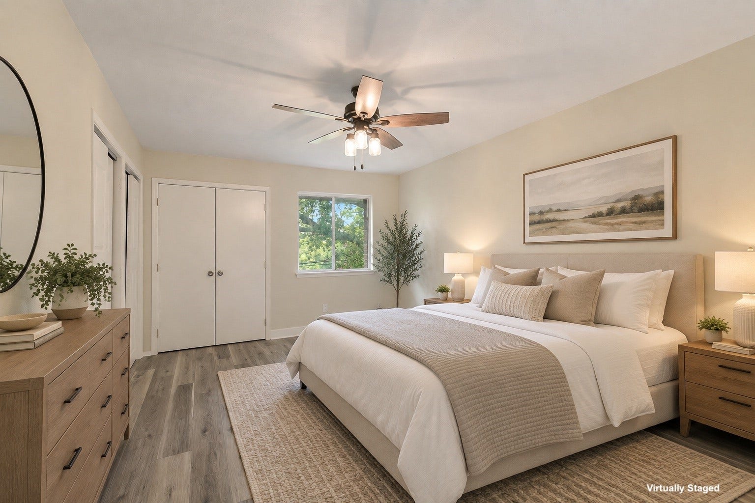 Virtually staged to show how this spacious primary bedroom can become a true retreat, not simply a place to fit a bed