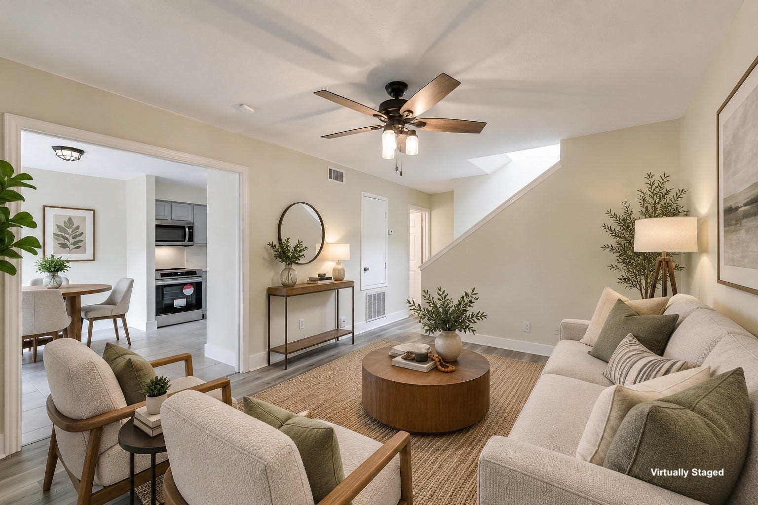 Virtually staged to show how naturally the living room connects with the kitchen and dining areas