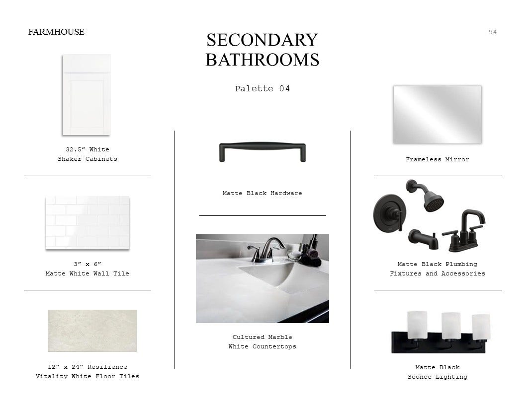 1073 Apple Ridge Road, Magnolia, TX 77363 Farmhouse Look Palette 4: Secondary Bathrooms Selection Sheet (*Artist rendering used for illustration purposes only.)