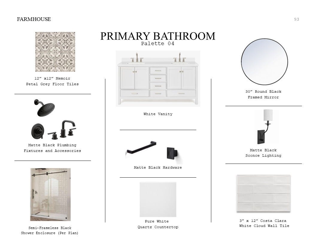 1073 Apple Ridge Road, Magnolia, TX 77363 Farmhouse Look Palette 4: Primary Bathroom Selection Sheet (*Artist rendering used for illustration purposes only.)