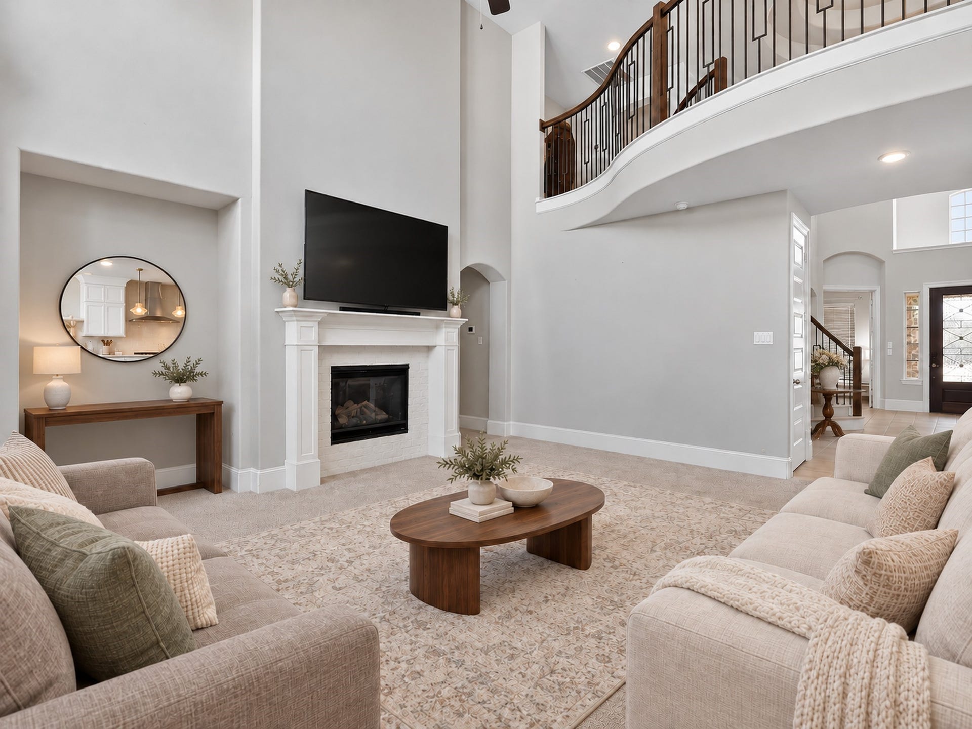 6714 Wellbrook Falls Lane, Katy, TX 77493 Living room features a fireplace, soaring ceiling, and an overlooking upstairs railing. (virtually staged)