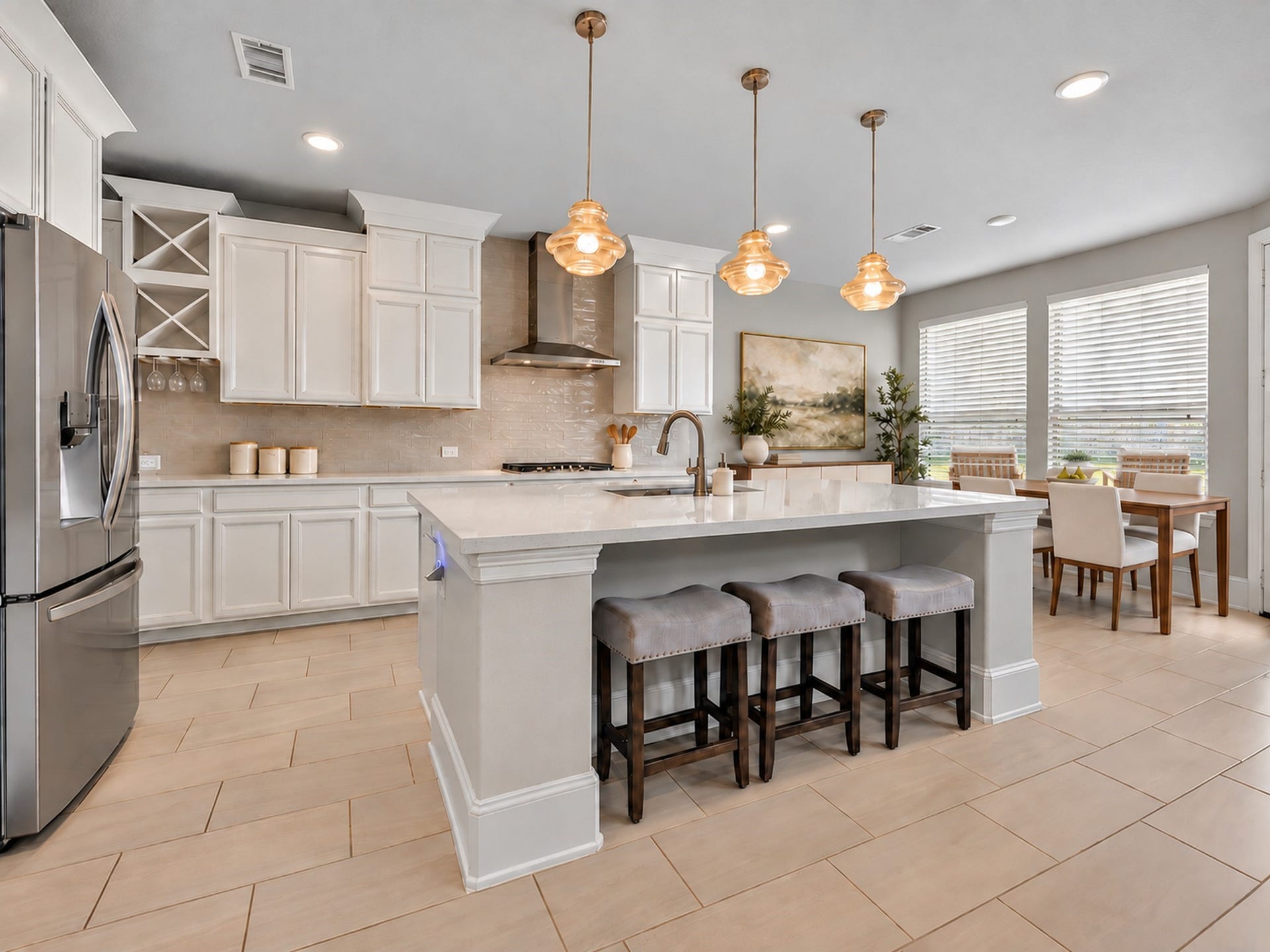 6714 Wellbrook Falls Lane, Katy, TX 77493 Open kitchen features a large island, pendant lighting, and an adjoining breakfast area. (virtually staged)