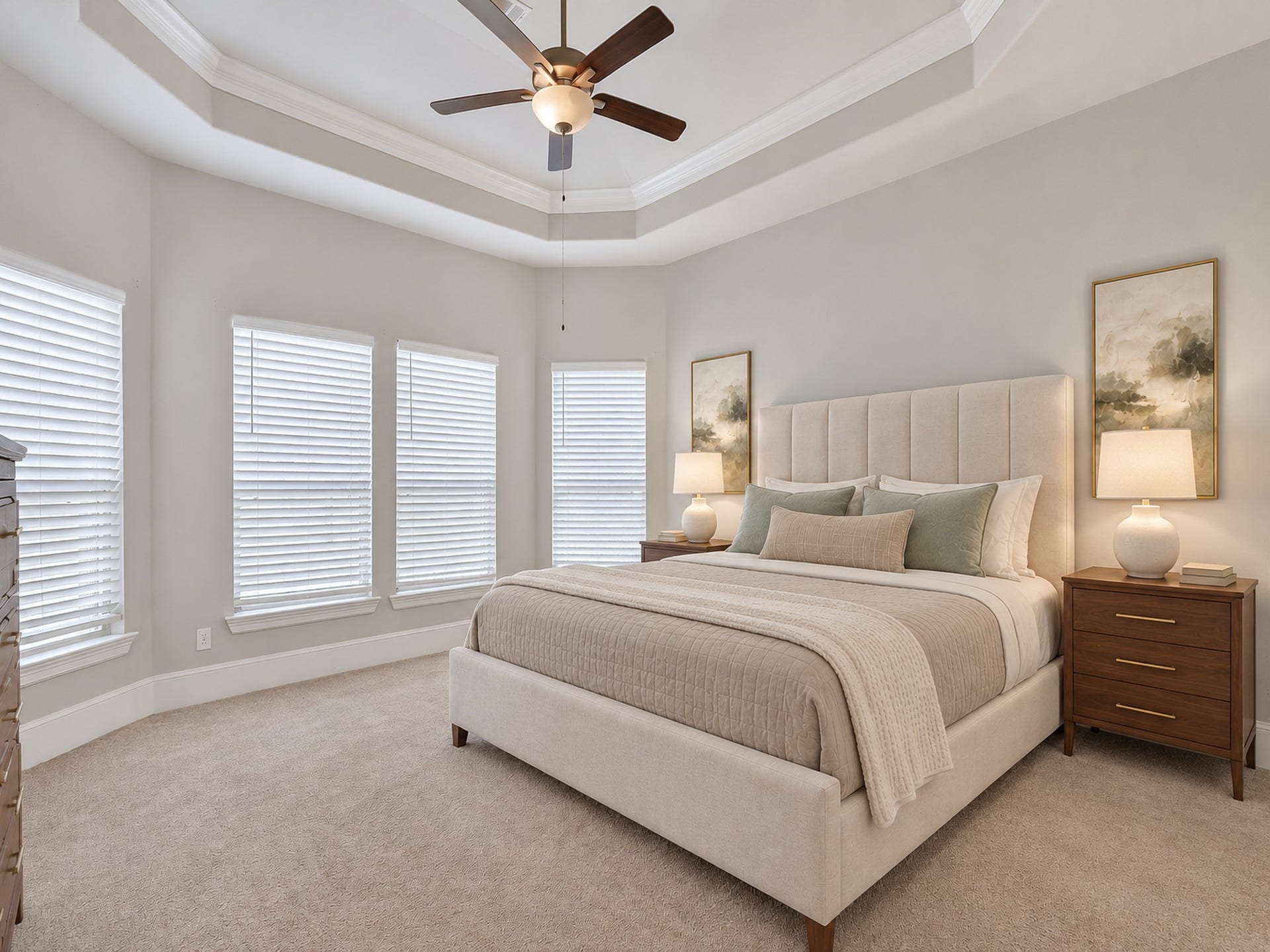 6714 Wellbrook Falls Lane, Katy, TX 77493 Alternate primary bedroom view highlights multiple windows and a tray ceiling. (virtually staged)