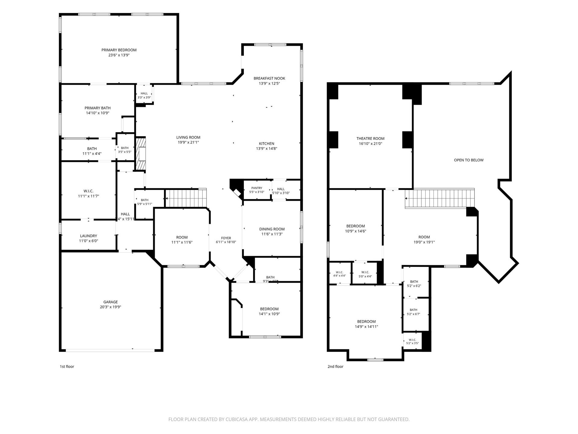 Floor Plan  Two-story layout featuring a spacious first-floor primary suite, additional downstairs bedroom, open-concept living and kitchen areas, formal dining, breakfast nook, and private study/flex room. Upstairs offers two additional bedrooms, a large game room, dedicated theater room, and open-to-below design. Floor plan measurements are approximate.