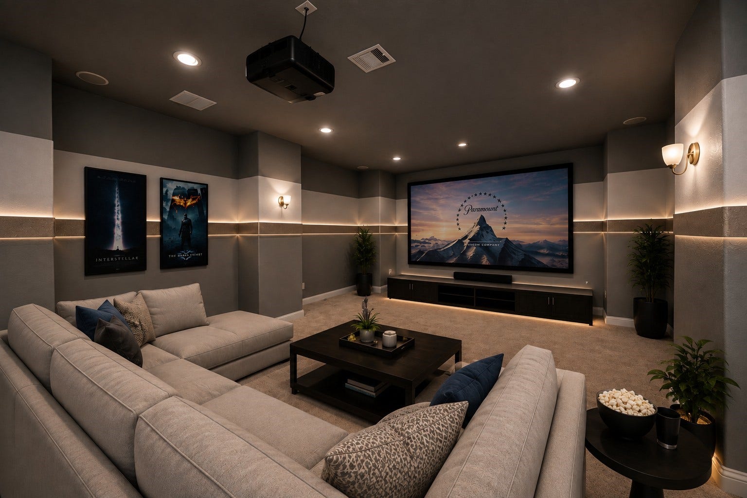 Virtually Staged  Dedicated home theater showcasing the rooms potential for an impressive movie-night and entertainment experience.