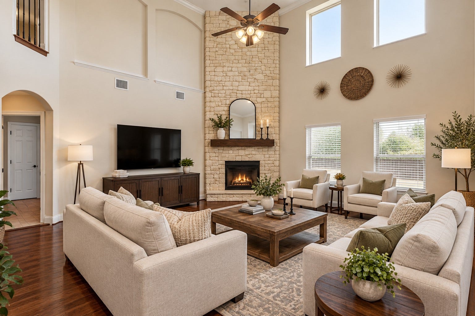 Beautiful stone fireplace reaches up to 2nd story ceiling.  Art niches and large windows really accentuate the beautiful wood flooring. *Virtually Staged