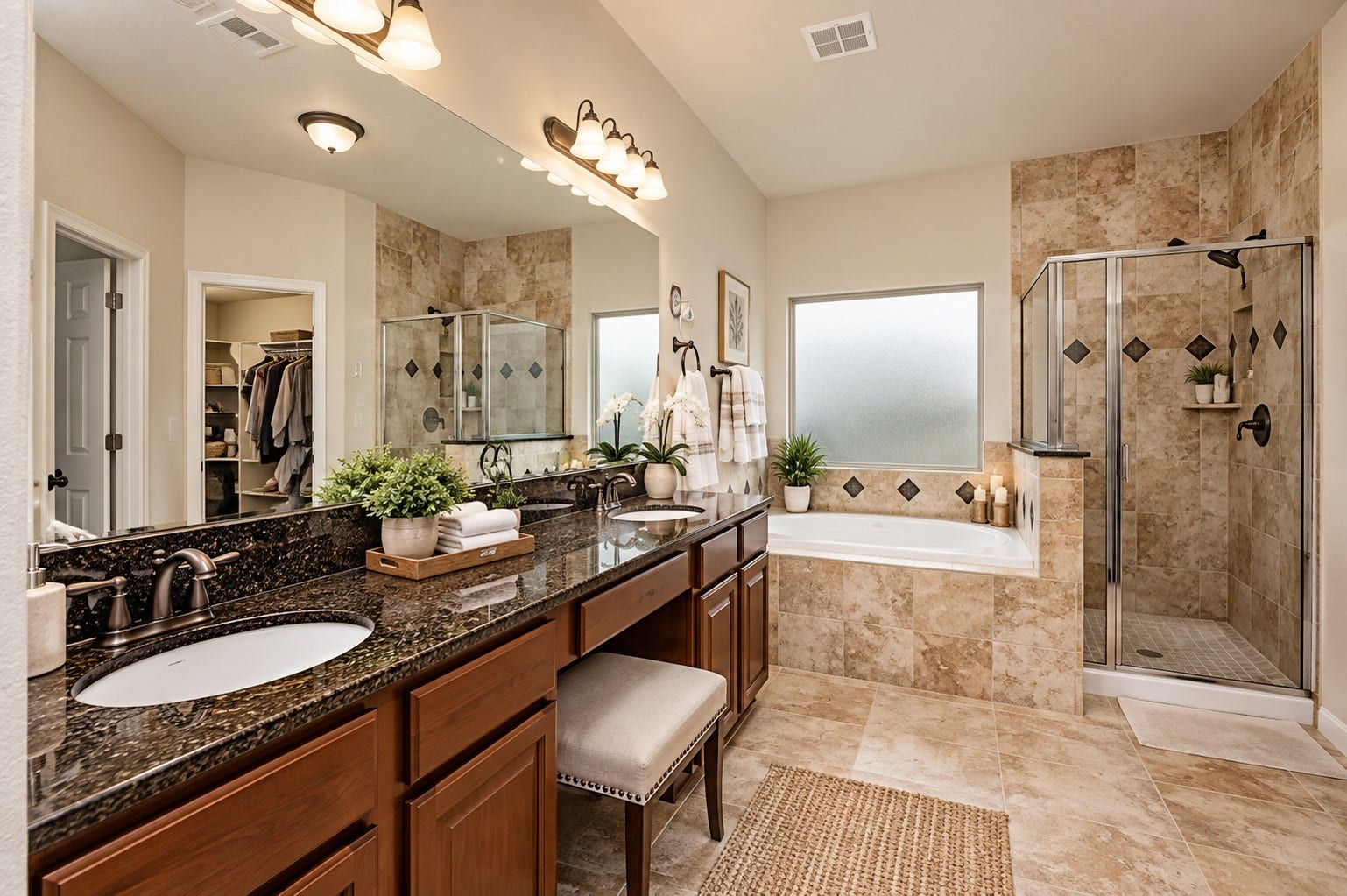 Primary Bathroom with large tub & separate shower.  His & Hers sinks and vanity seating. *Virtually Staged