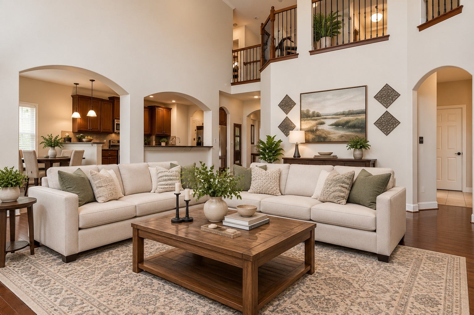 Large Family Room with beautiful archways leading to breakfast area & kitchen.  *Virtually Staged