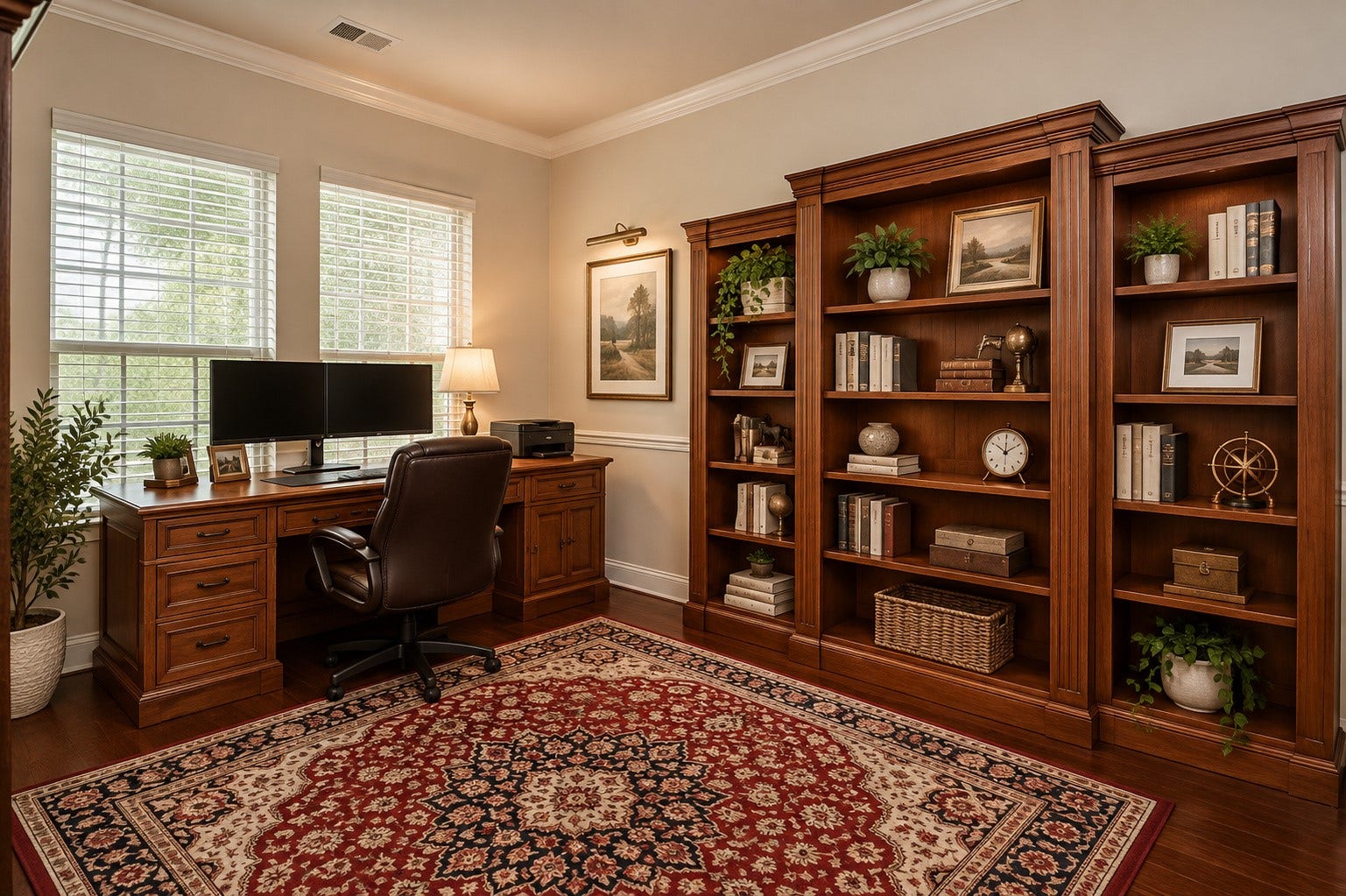 Another view of the Home Office with large windows overlooking the front yard & street.  *Virtually Staged