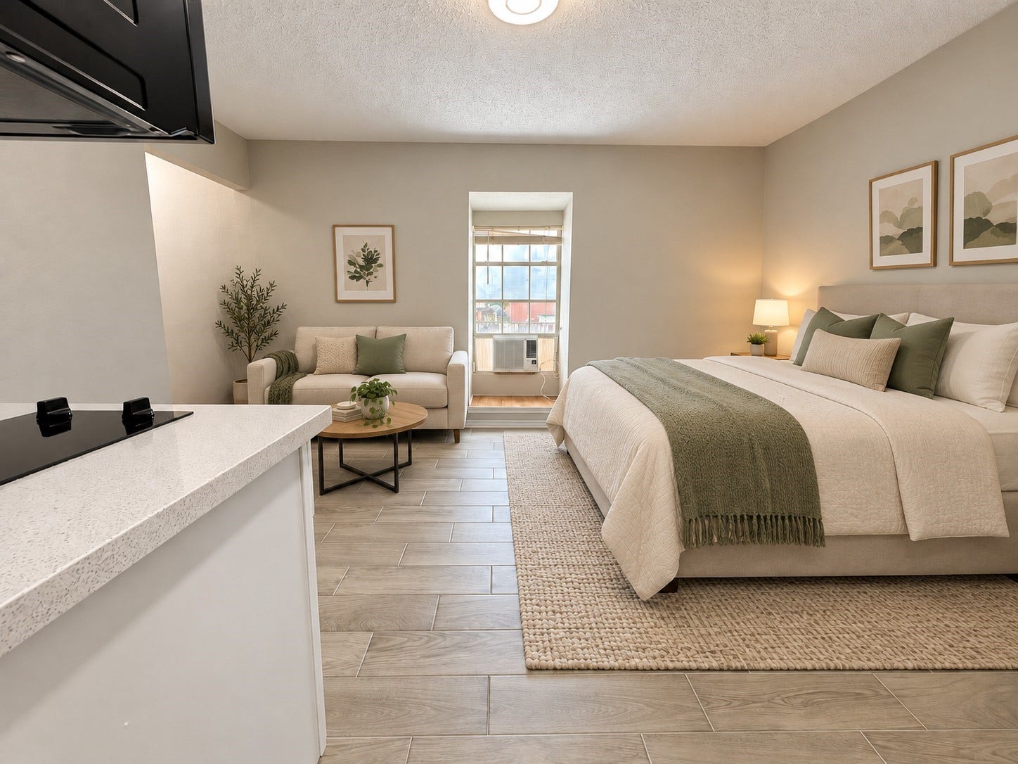 9711 Linkmeadow Lane, #12B, Houston, TX 77025 Virtually staged studio highlighting the spacious interior and natural light from the window.