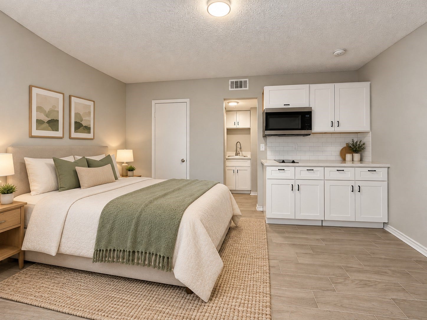9711 Linkmeadow Lane, #12B, Houston, TX 77025 Virtually staged studio showcasing the modern kitchenette with white cabinetry, sleek countertops, and tile backsplash.