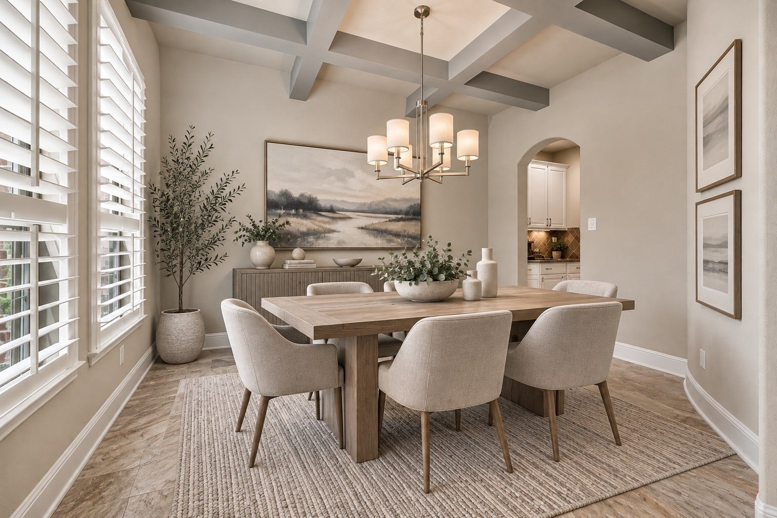 22826 Burton Grove Road, Richmond, TX 77469 The formal dining room features exposed beams on the ceiling and plantation shutters on the windows. (virtually staged)