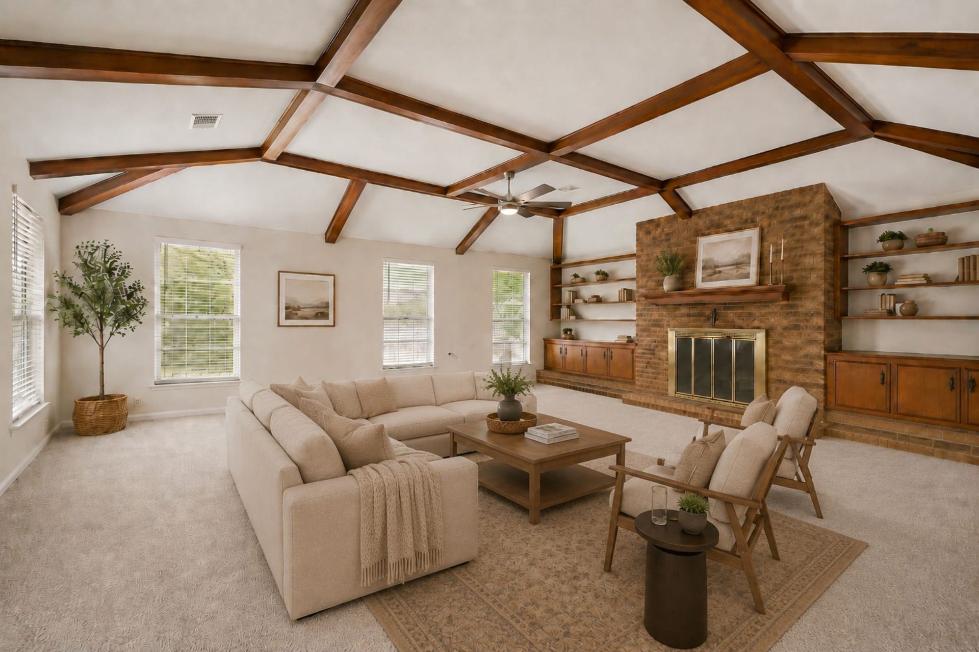 114 CAMELLIA STREET, Sugar Land, TX 77478 MULTIPLE WINDOWS FILL THE SPACIOUS FAMILY ROOM WITH NATURAL LIGHT, WHILE THE DRAMATIC BEAMED CEILING AND BRICK FIREPLACE ADD CHARACTER. **Virtually Staged.