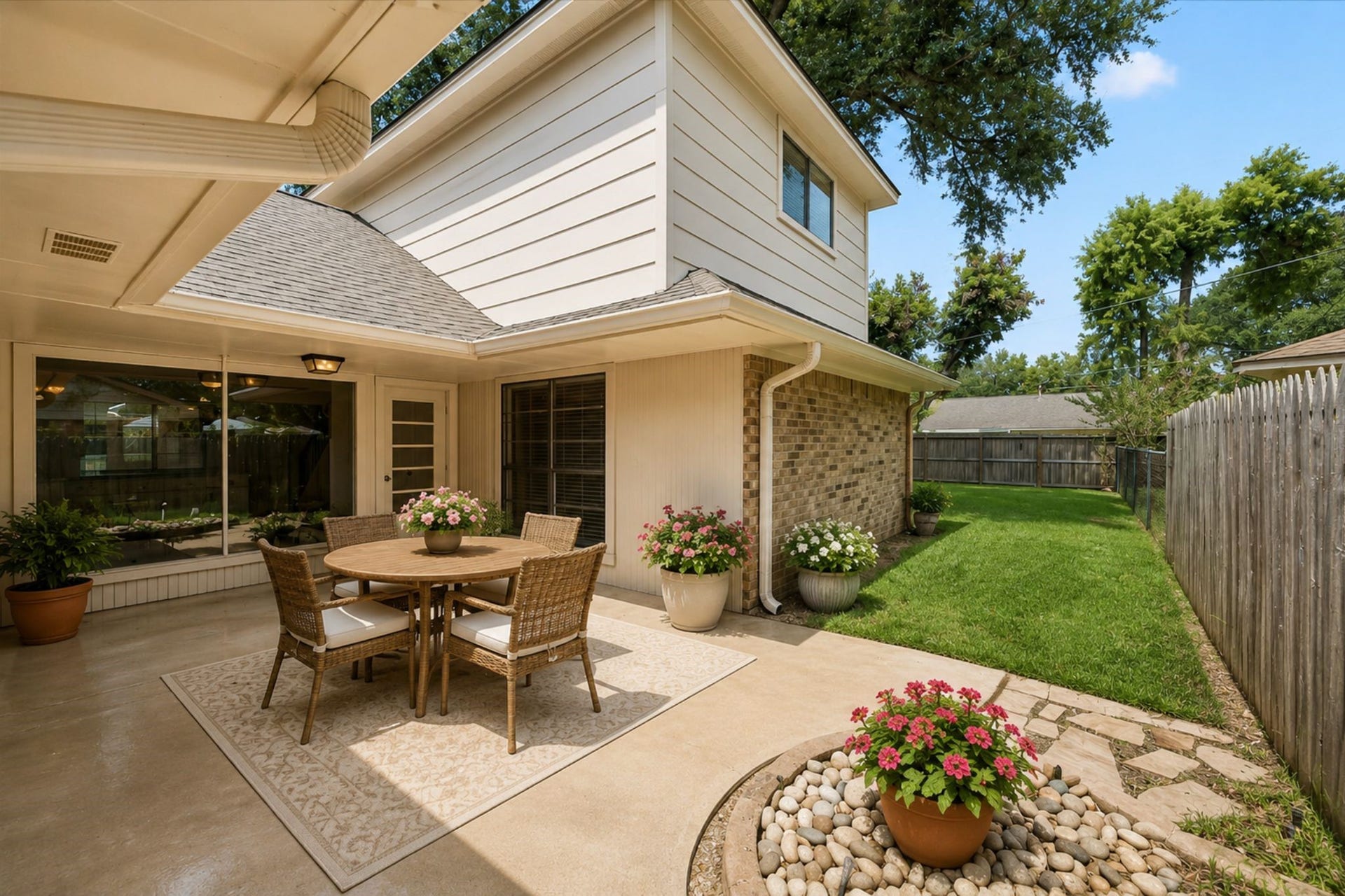 114 CAMELLIA STREET, Sugar Land, TX 77478 THE COVERED BACK PATIO CREATES A SHADED OUTDOOR LIVING SPACE, WHILE THE ADJOINING LAWN PROVIDES ADDITIONAL ROOM FOR PLAY, PETS, OR GARDENING.