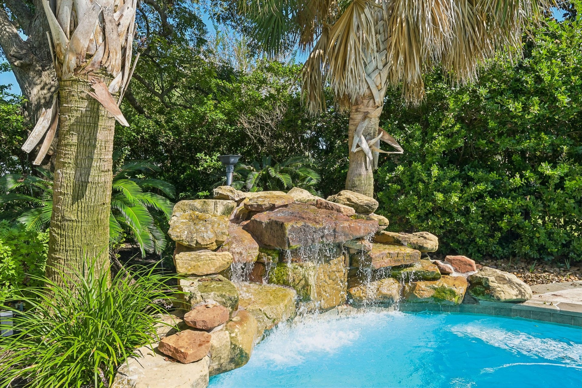 Resort-style pool featuring a natural stone waterfall cascading into sparkling blue water, surrounded by mature palms and lush tropical landscaping
