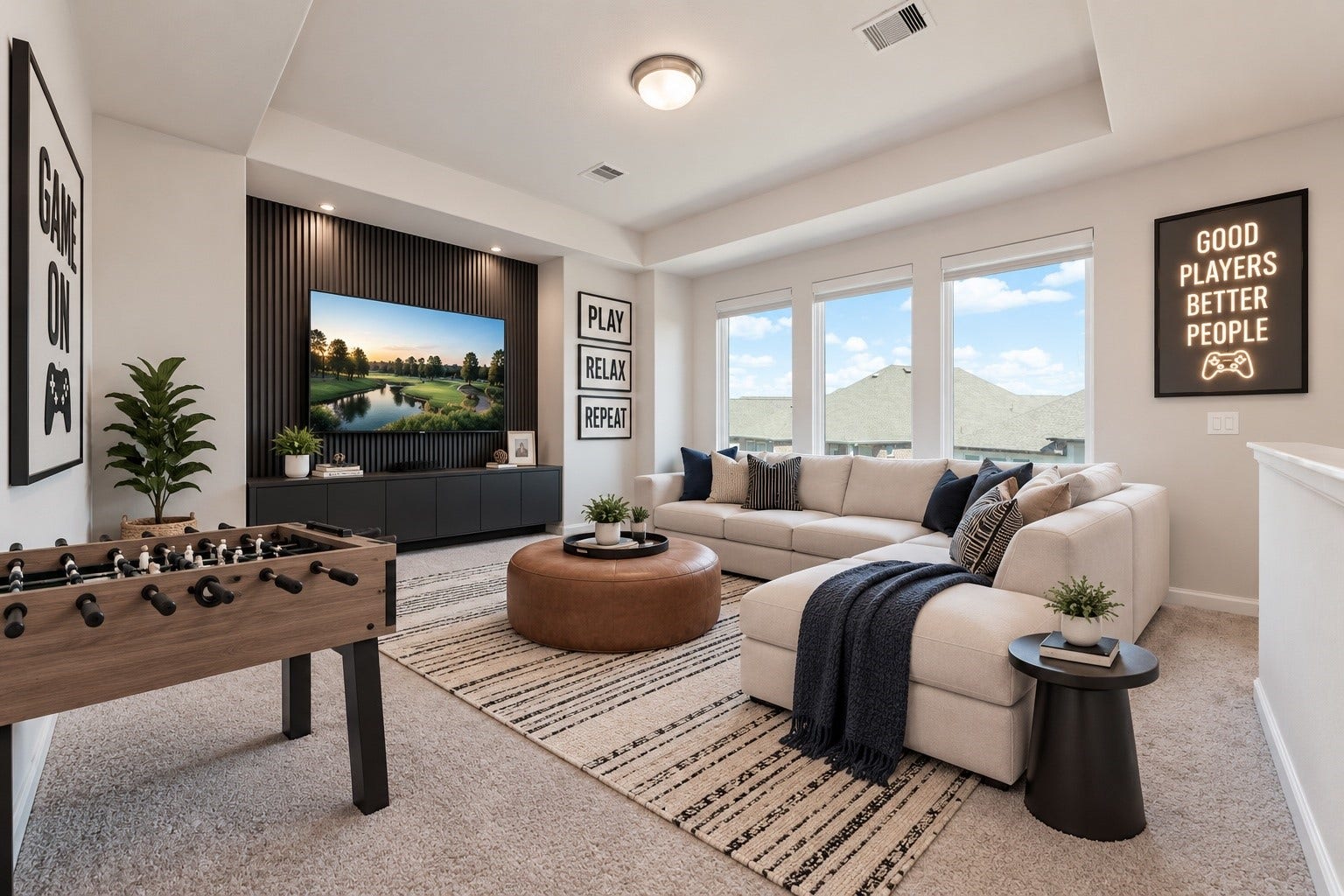 Virtually staged - Expansive game room filled with natural light, offering the perfect space for entertainment and relaxation upstairs