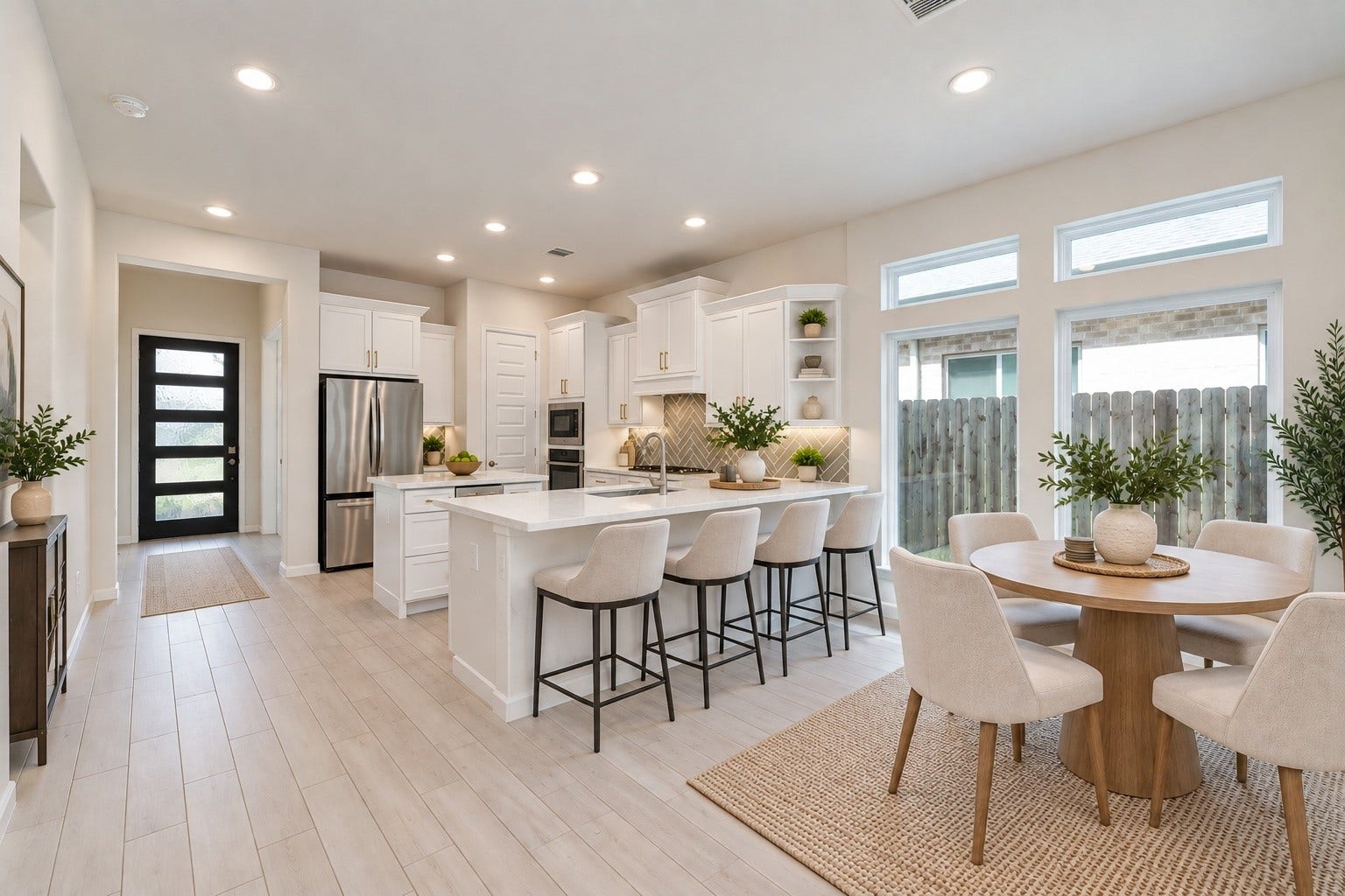 Virtually staged - Bright and modern kitchen with sleek stainless steel appliances, elegant white cabinetry, and a spacious island, complemented by large windows for ample natural light.