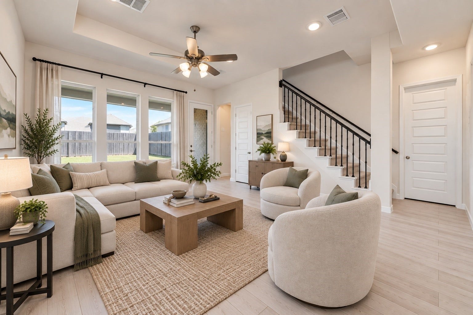 Virtually staged - Bright and airy living room with sleek tile floors, large windows offering abundant natural light, and staircase creating a welcoming and modern space.