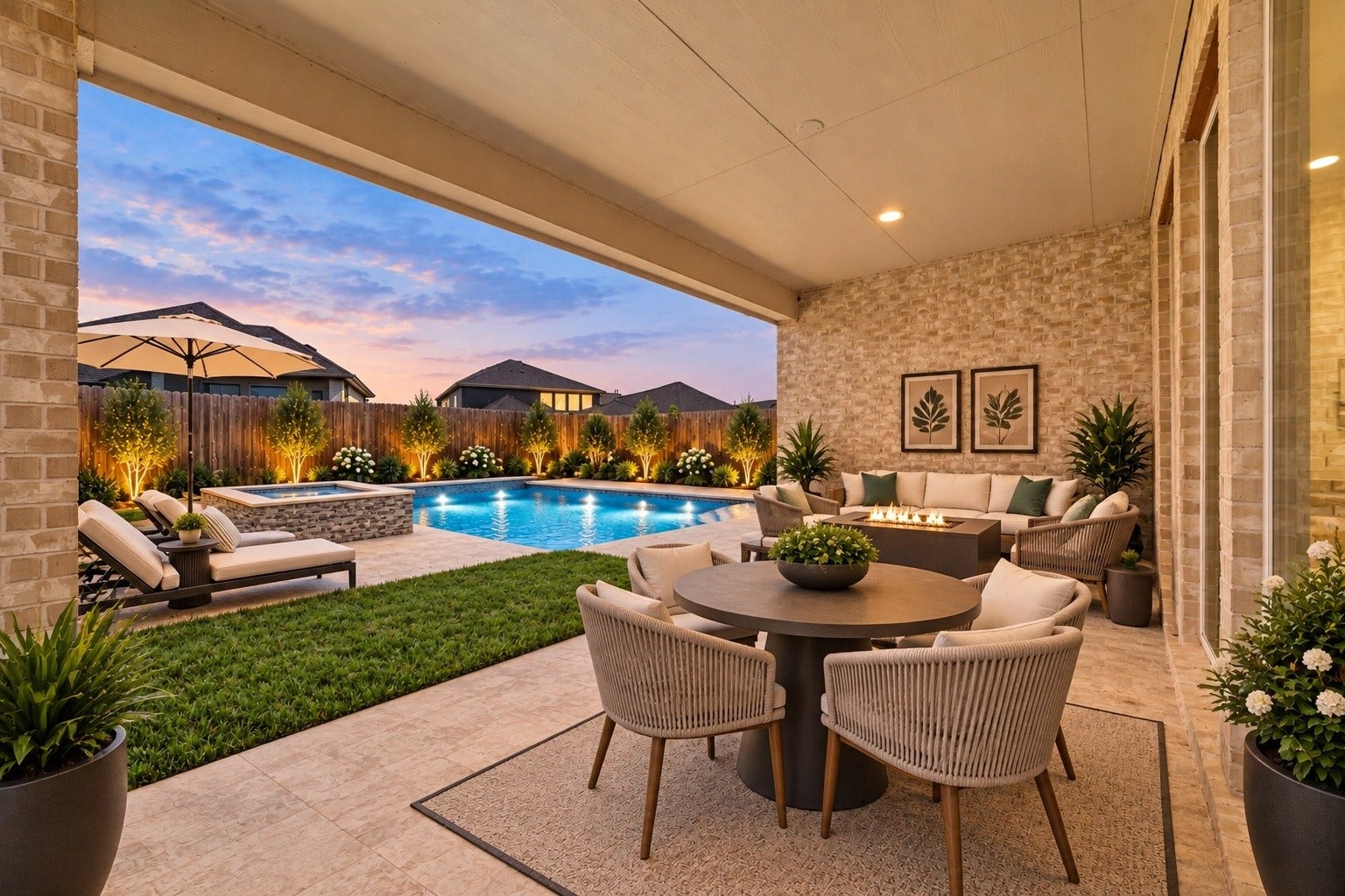 Virtually Staged - Spacious covered patio overlooking a lush, private backyard, perfect for a potential outdoor pool and relaxation for entertainment.