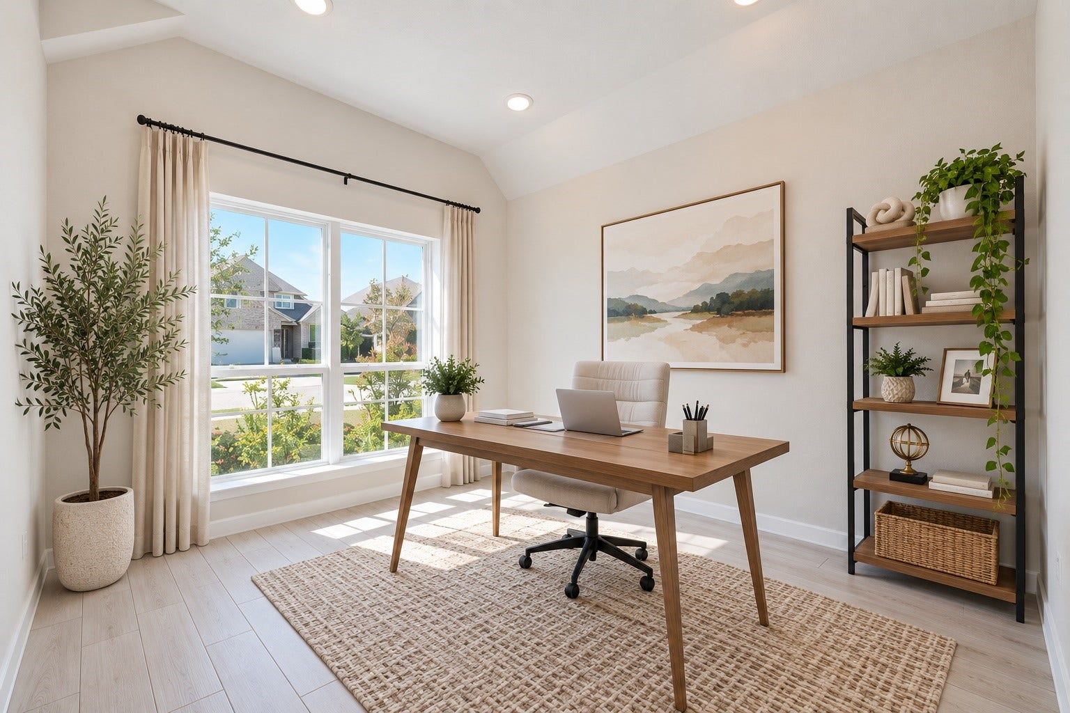 Virtually staged - Bright and inviting office space featuring sleek tile flooring, perfect for productivity and inspiration.