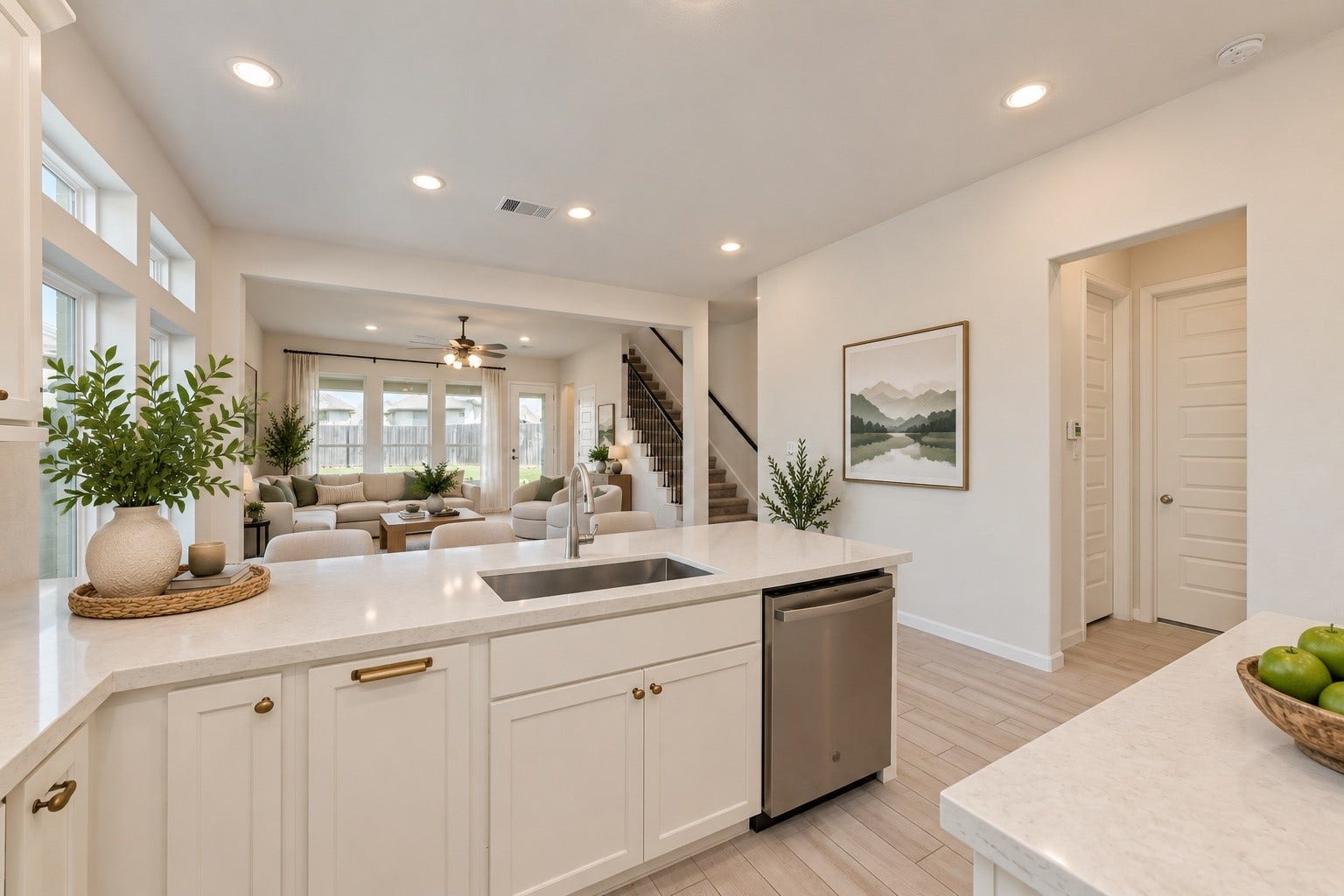 Virtually staged - Bright and spacious open-concept kitchen with modern finishes, featuring a large island, ample cabinetry, and seamless flow into the living area with abundant natural light.