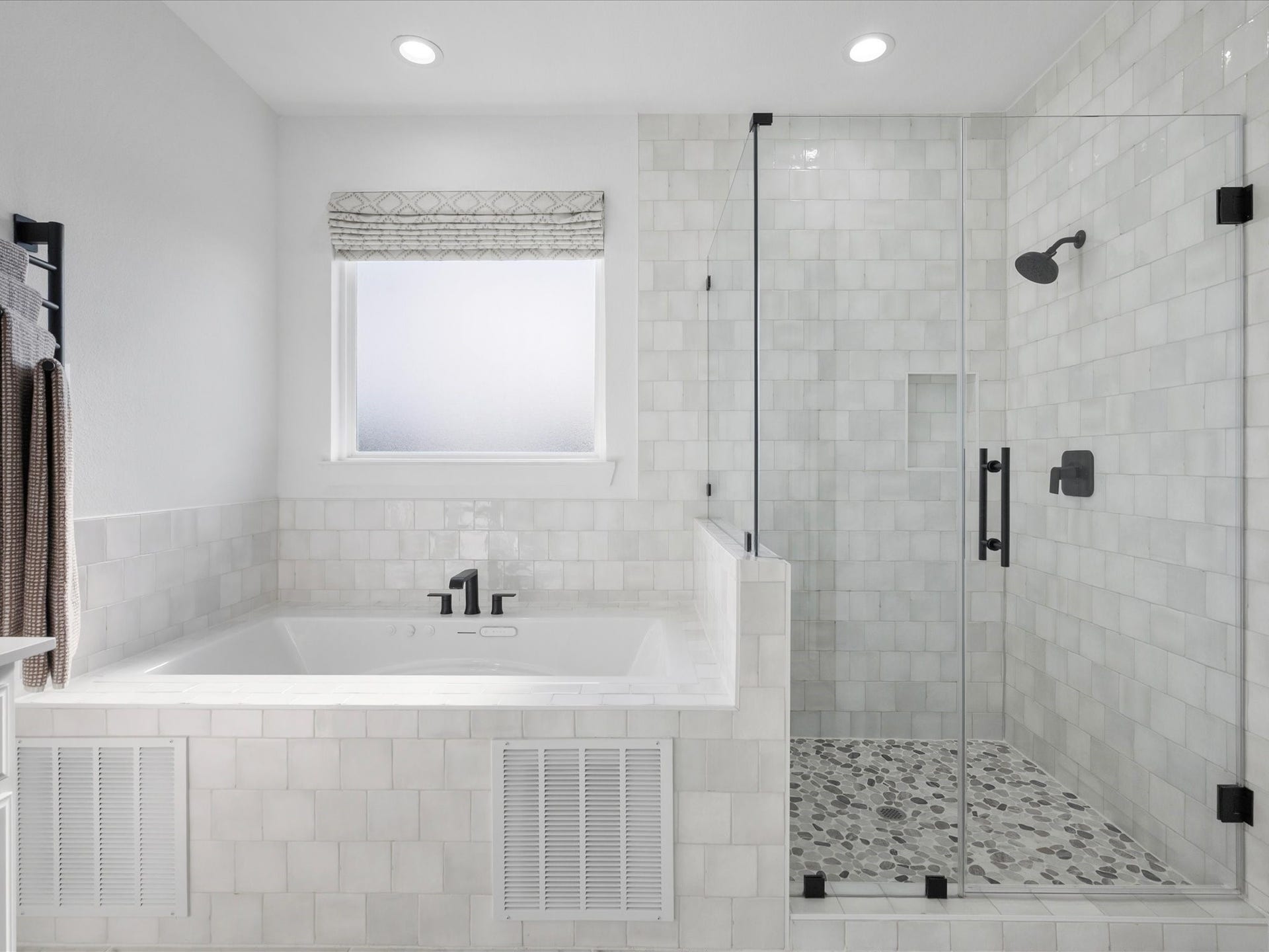 Upgraded Water & Air Hydro Massage Tub with wall mounted multi heat setting towel rack.