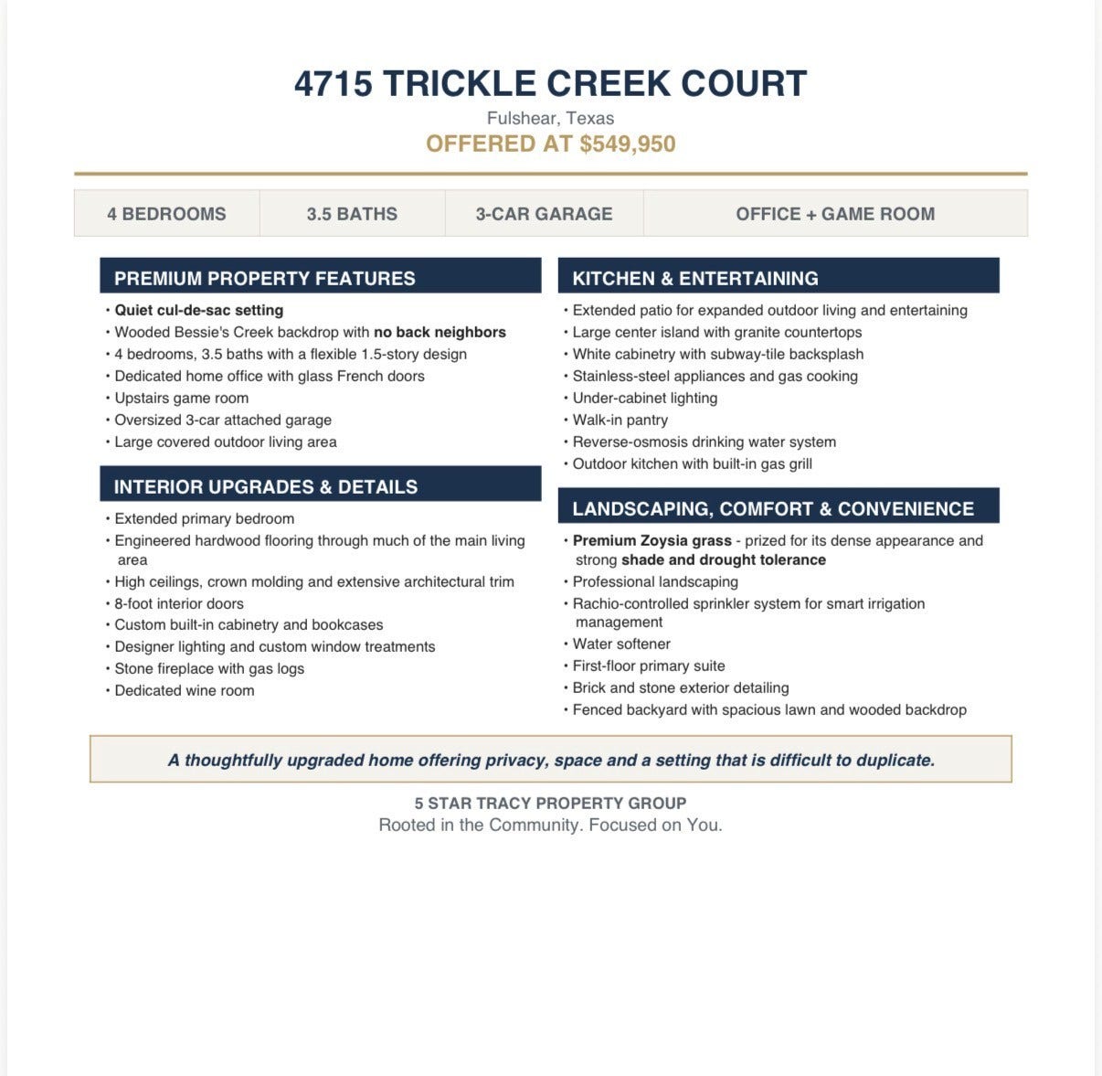 4715 Trickle Creek Court, Fulshear, TX 77441 List of upgrades and features.