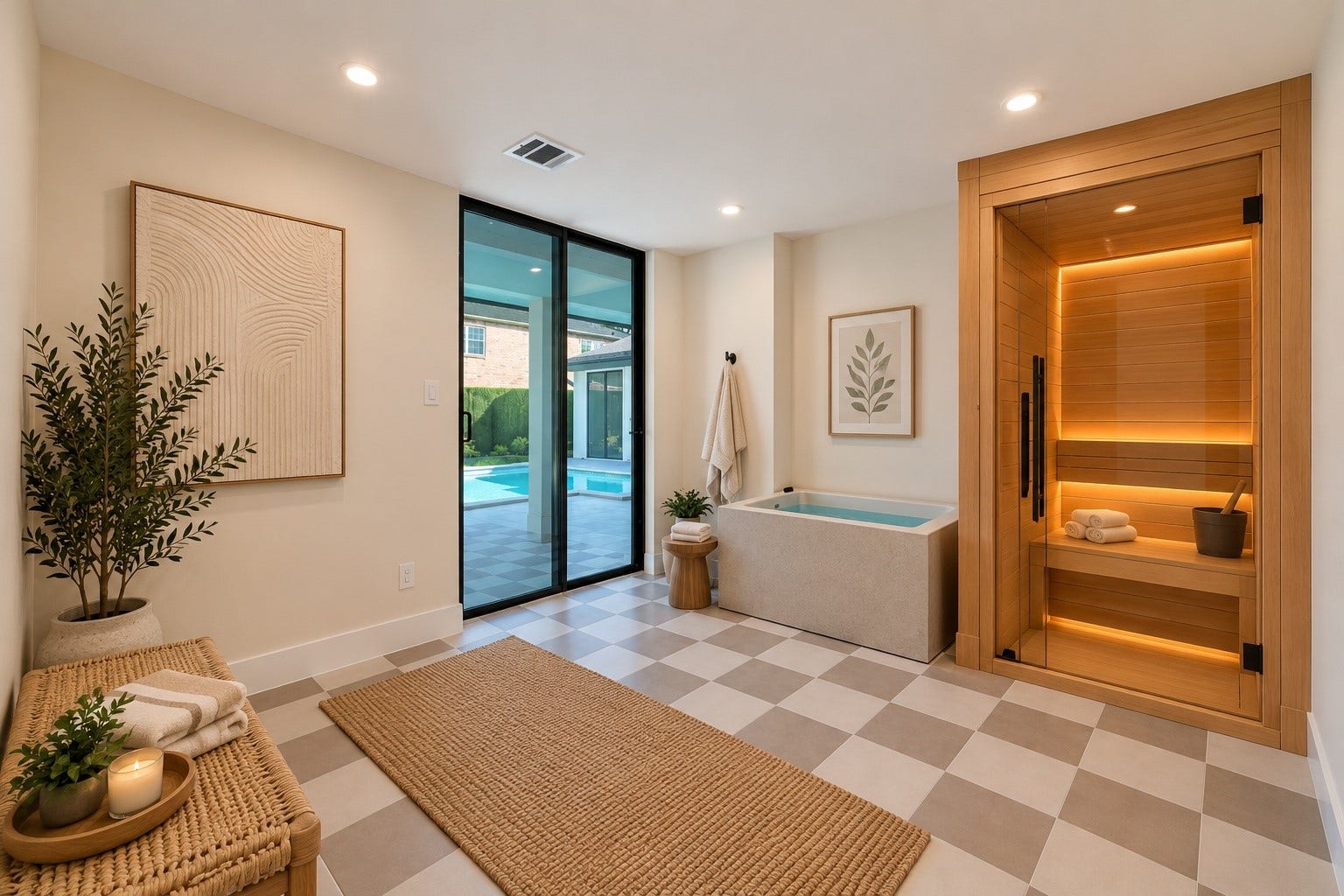 Pool room staged with coldplung and sauna staged room