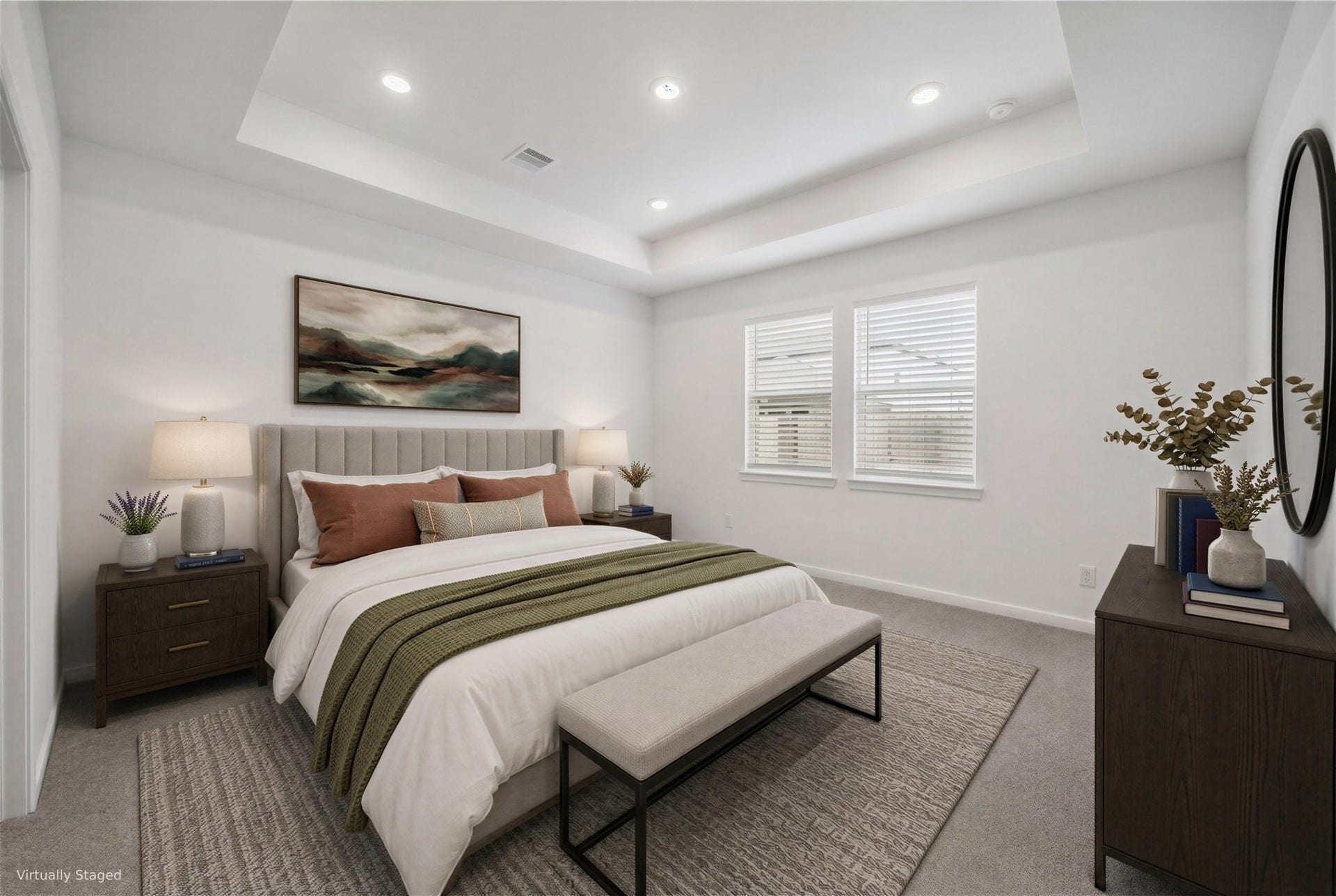 9510 Honey Run Lane, Cypress, TX 77433 The spacious primary bedroom features an elegant tray ceiling, recessed lighting, and peaceful views of the backyard, creating a bright and inviting retreat.