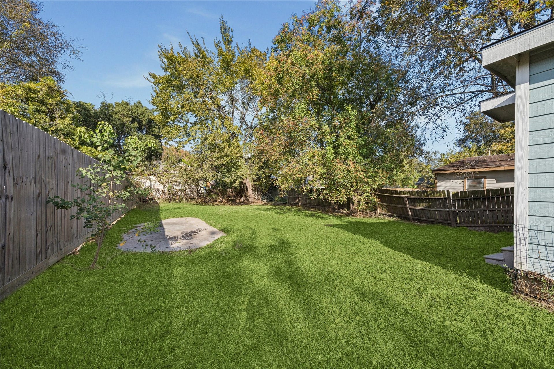 7933 Elwood Street, Houston, TX 77012 Spacious backyard with lush green grass, mature trees, a great space for outdoor activities.