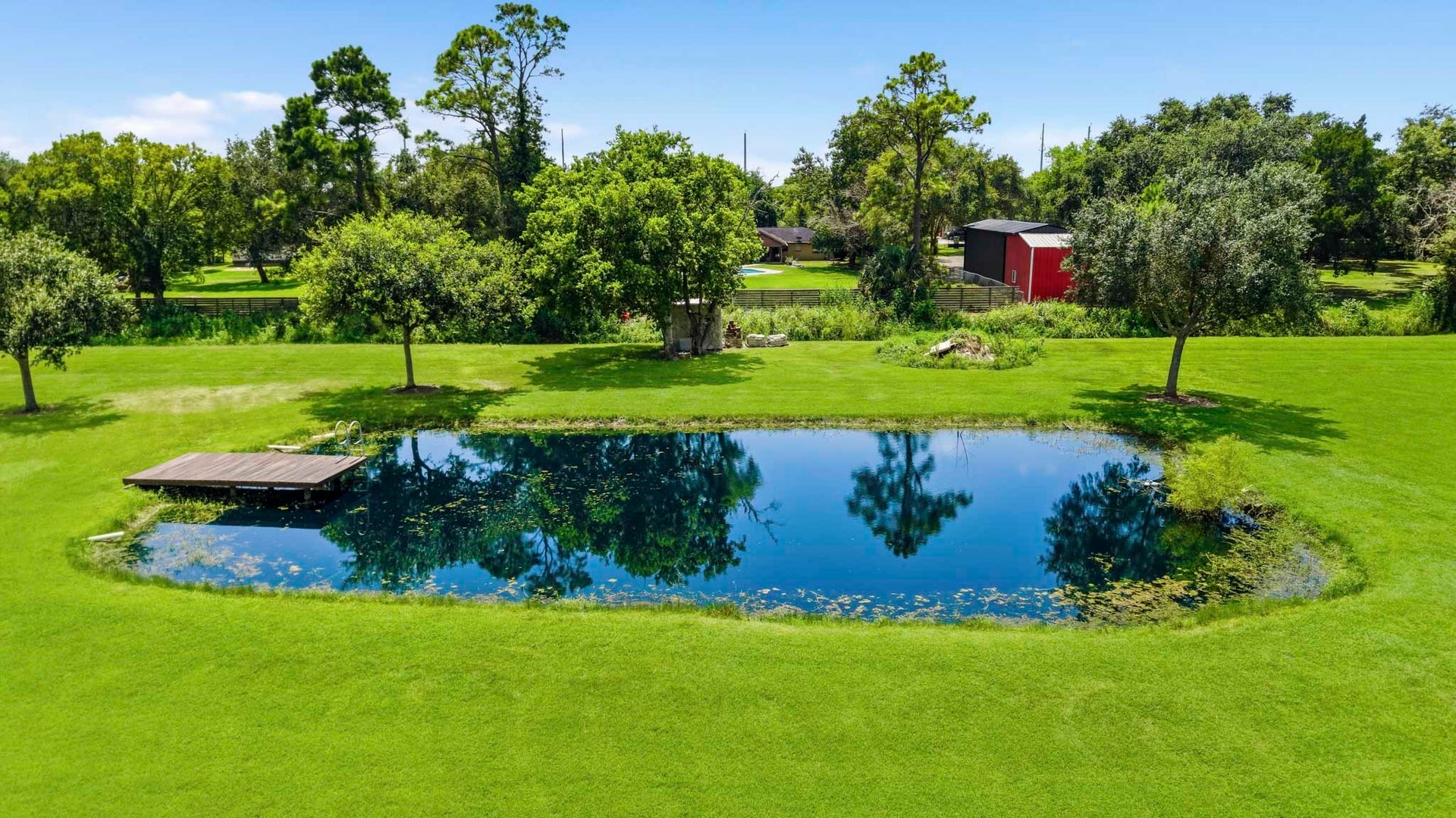 835 Hall Road, Alvin, TX 77511 Picturesque pond surrounded by mature trees and open lawn. Stocked with Blue gill and bass
