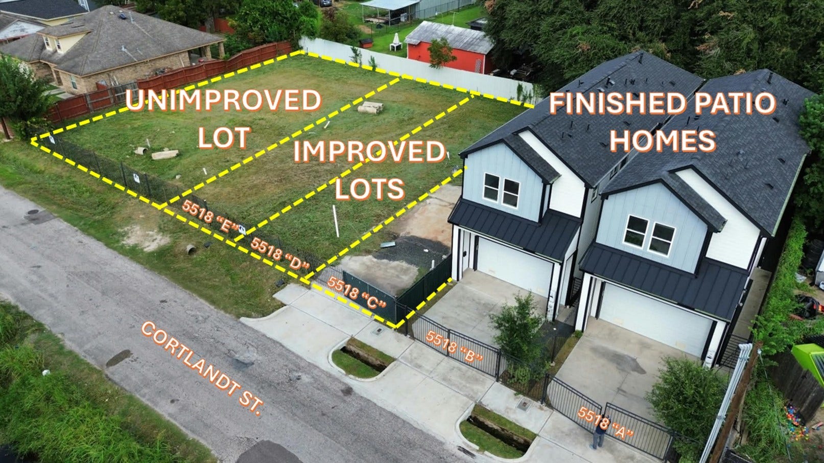 5518E CORTLANDT Street, Houston, TX 77076 TWO PATIO HOMES COMPLETLY FINISHED AND READY TO GENERATE RENT INCOME, THREE LOTS WITH IMPROVEMENTS AND PERMITS READY TO BUILD AND ONE LOT THAT FITS TWO MORE UNITS.