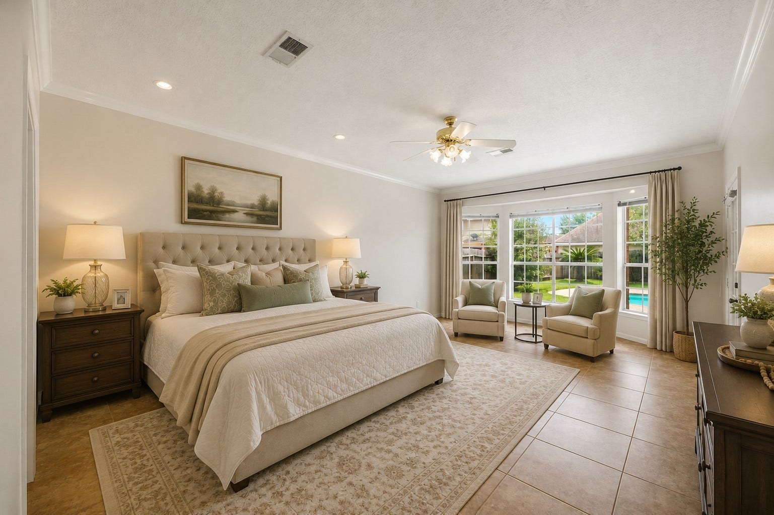 2216 Fairwater Park Drive, League City, TX 77573 The spacious primary bedroom is bathed in natural light from large windows that offer a serene view of the pool, creating a tranquil retreat.