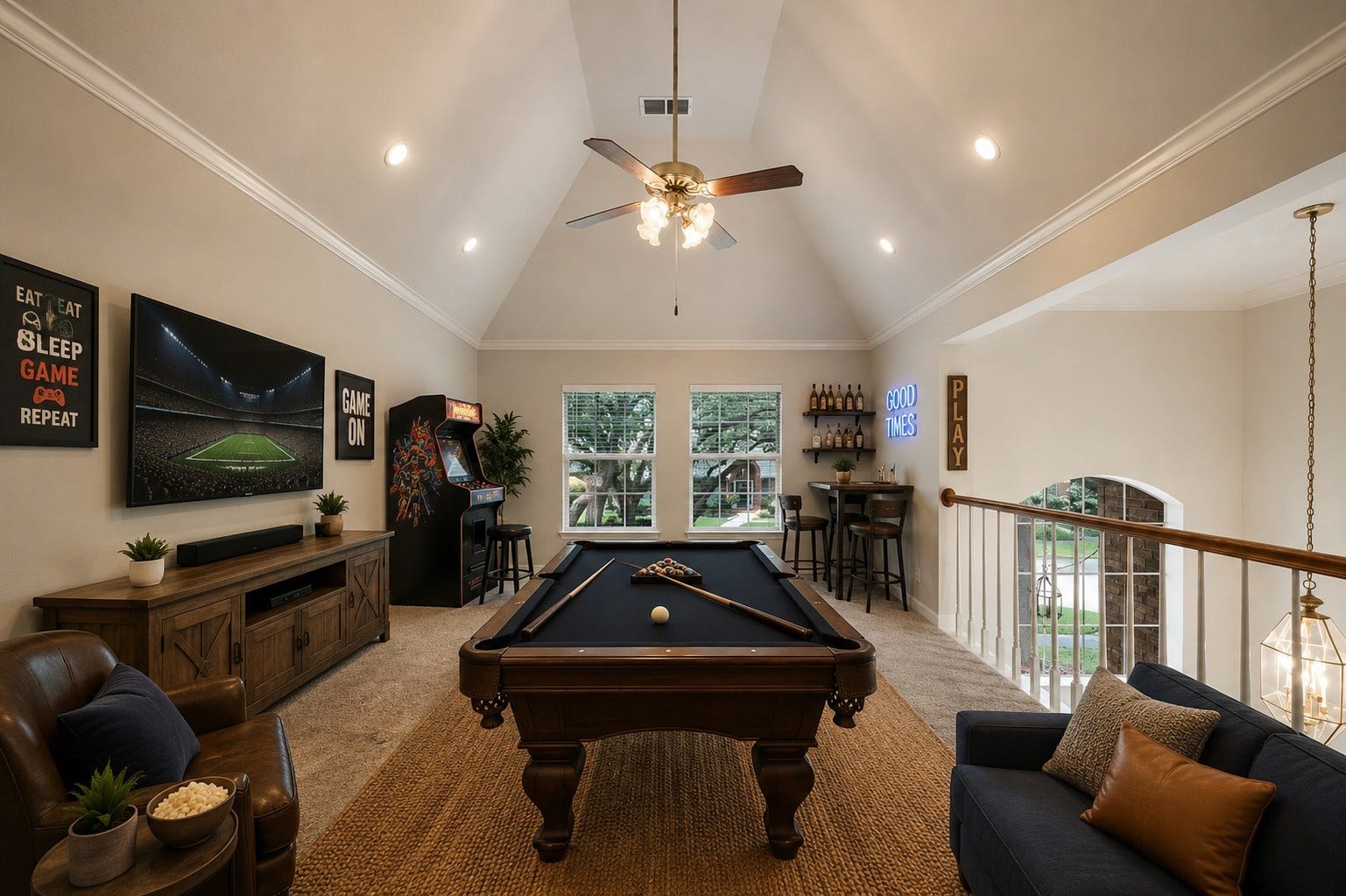 2216 Fairwater Park Drive, League City, TX 77573 Discover endless entertainment possibilities in this inviting game room, perfect for relaxation and creating a great hangout area.