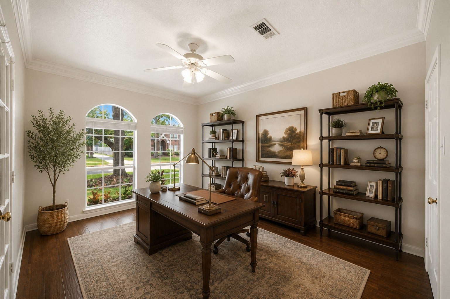 2216 Fairwater Park Drive, League City, TX 77573 Experience productivity in this bright home office, showcasing large arched windows, a ceiling fan, and elegant wood flooring.