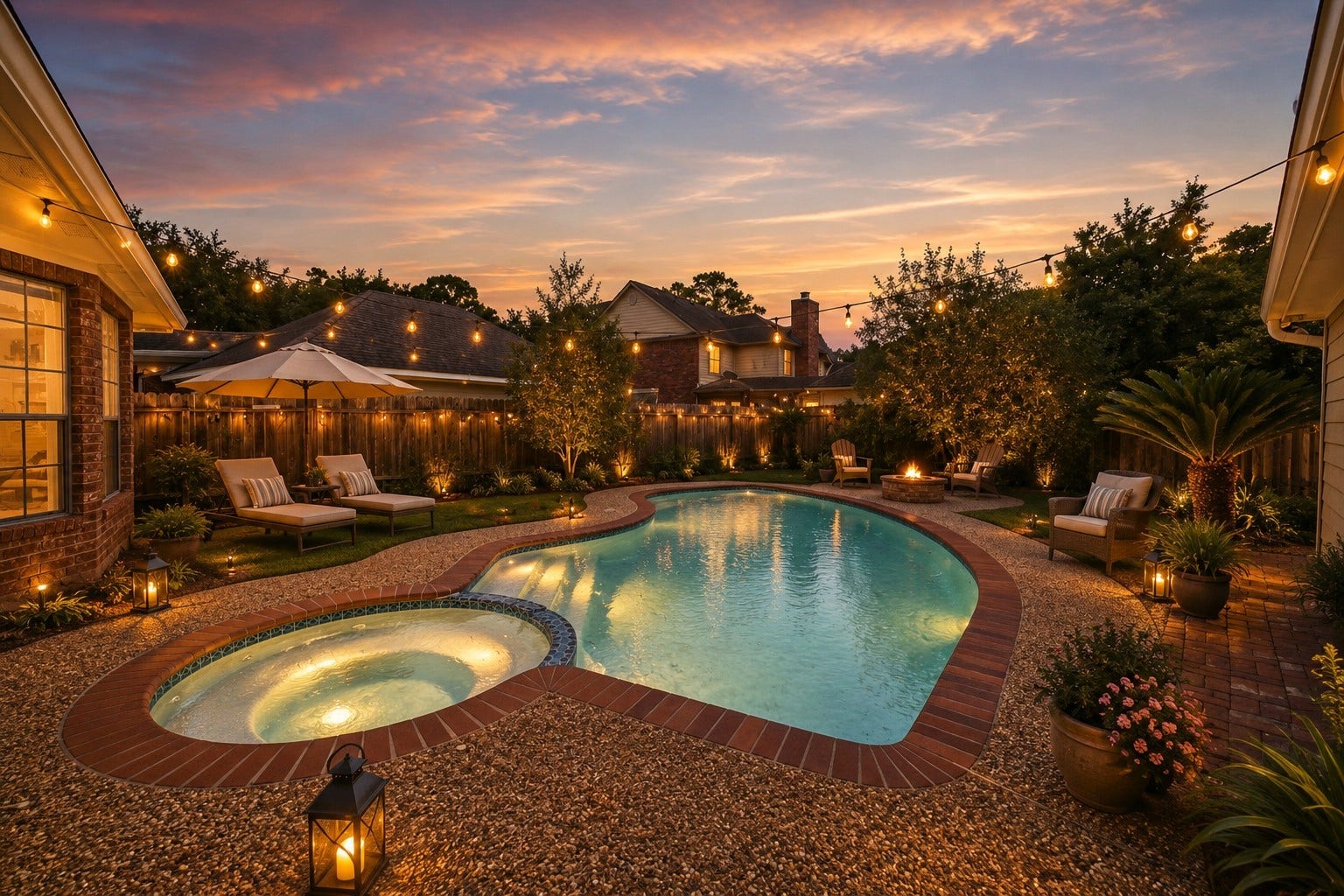 2216 Fairwater Park Drive, League City, TX 77573 Experience ultimate relaxation in this backyard oasis with a beautifully lit pool and spa, surrounded by lush landscaping and inviting seating areas perfect for evening gatherings.