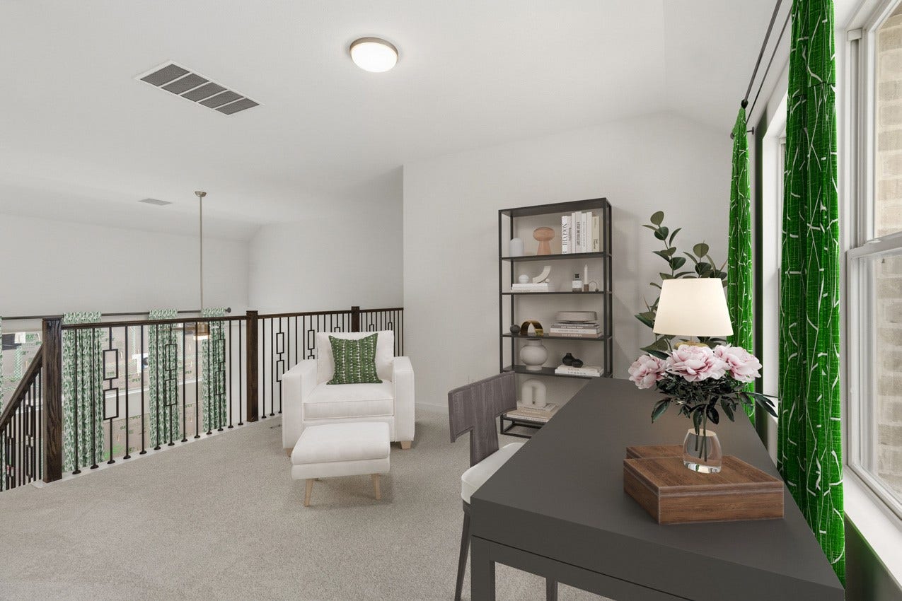 3431 Loam Lane, Richmond, TX 77406 The inviting loft overlooks the family room below, offering an open and connected space with a warm sense of character.