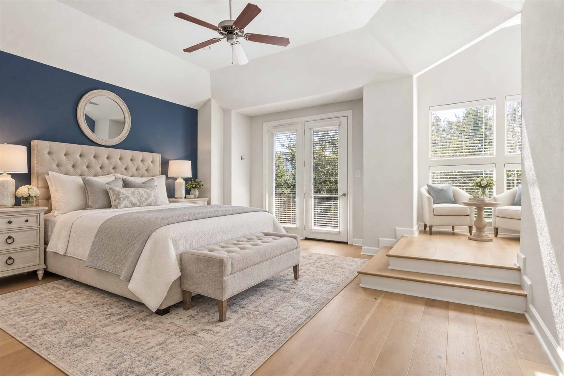 2811 Clay Street, Houston, TX 77003 Staged large primary on third floor with sitting area and balcony with tree views.