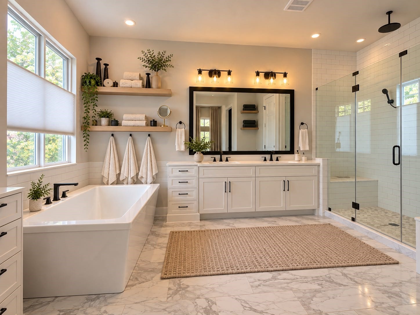 413 Forest Reserve Place, Houston, TX 77079 Luxurious primary bathroom featuring a freestanding soaking tub, glass-enclosed walk-in shower, dual-sink vanity, and elegant marble-look tile flooring.